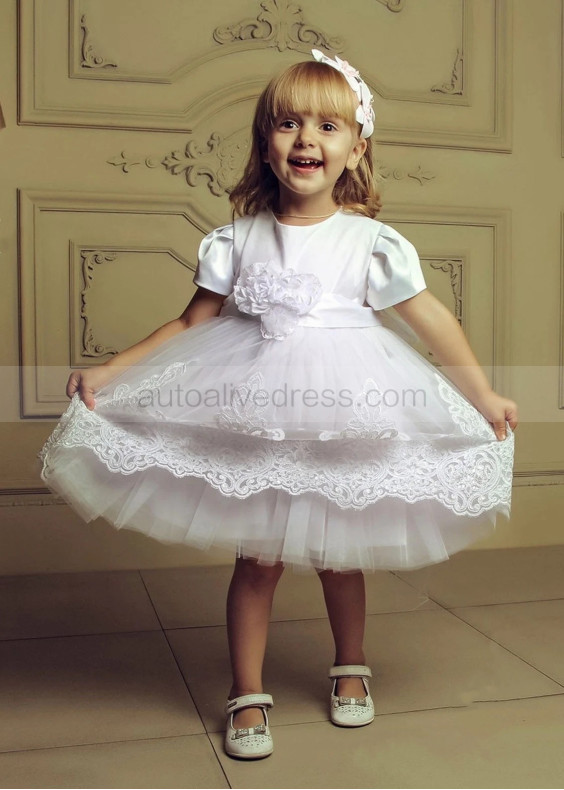 Short Sleeves Ivory Satin Lace Cute Flower Girl Dress